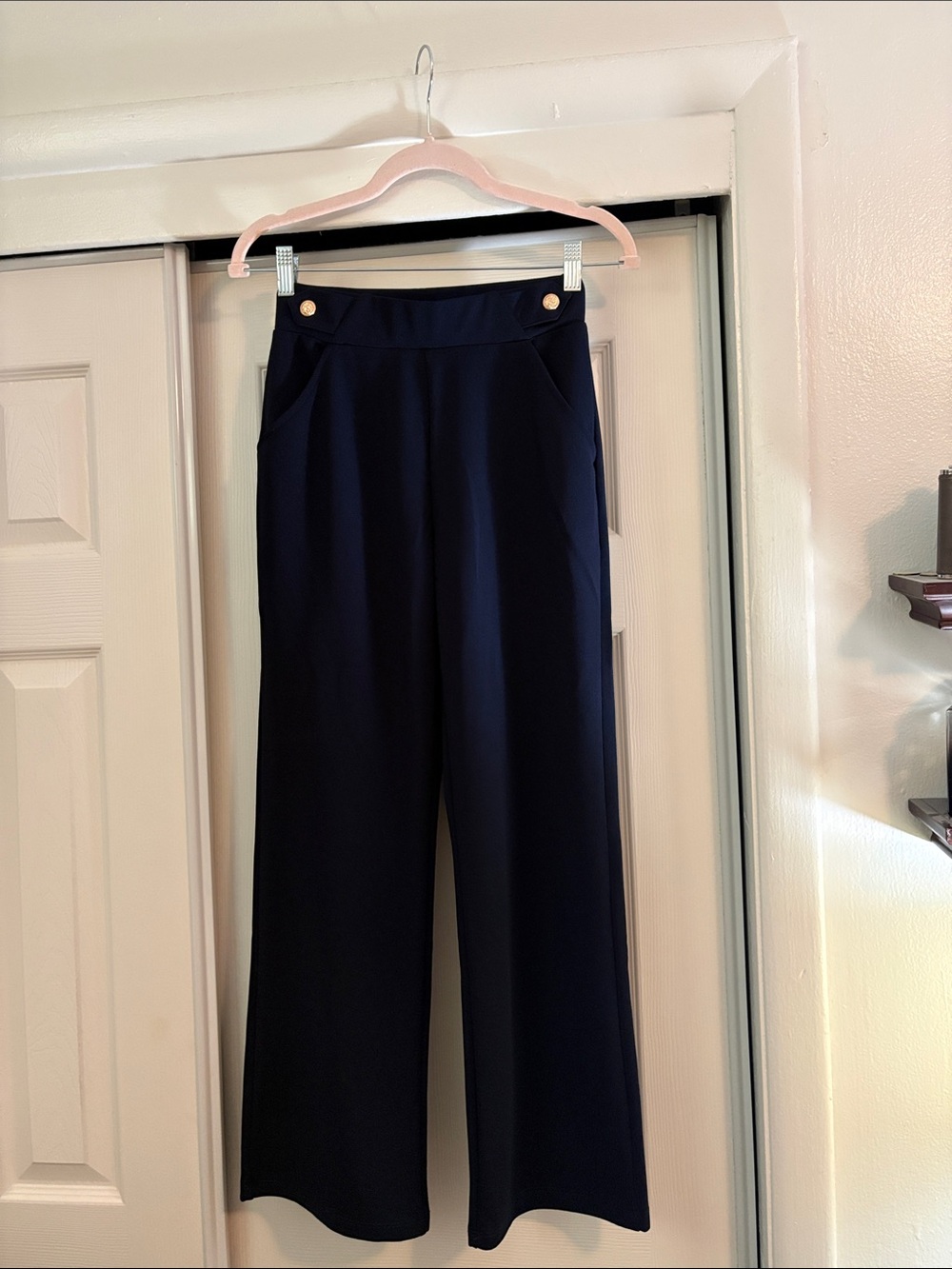 Wide-Leg Navy High-Rise Trousers with Gold Button Detail